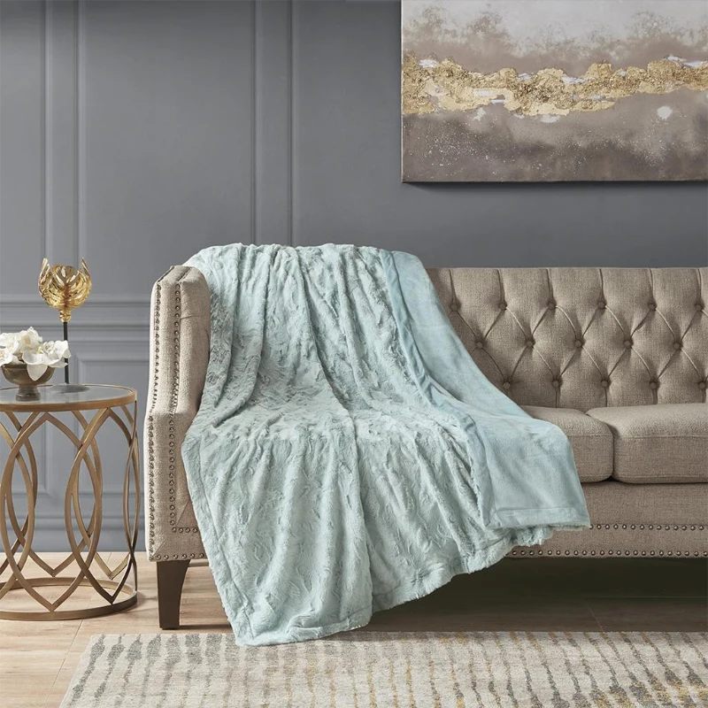 Oversized Faux Fur Throw with Solid Mink Reverse, Machine Washable, Luxurious Soft Blanket for Any Living Space, 70" L x 60" W x 0.25" H, Aqua