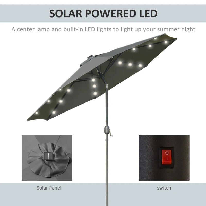 Outsunny 9ft Solar Patio Umbrella Outdoor Sunshade 24 LED Lights Tilt Canopy, Charcoal Grey