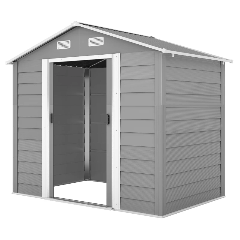 Outsunny 7.7' x 6.5' Outdoor Metal Garden Shed House Hut Gardening Tool Storage with Ventilation, Light Grey
