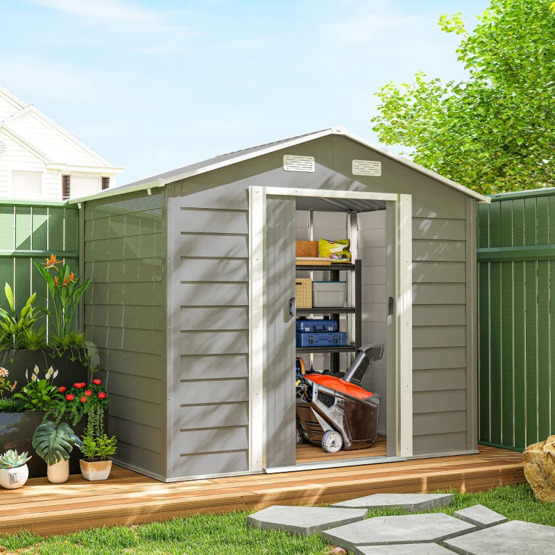 Outsunny 7.7' x 6.5' Outdoor Metal Garden Shed House Hut Gardening Tool Storage with Ventilation, Light Grey
