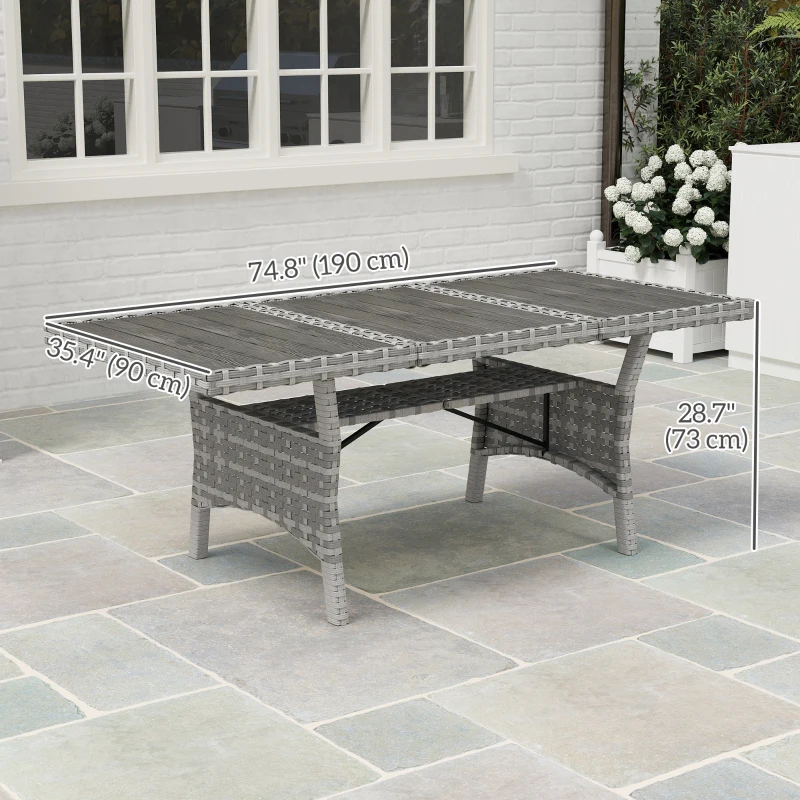 Outsunny 75" Outdoor Dining Table for 6-8, Wicker Patio Table with Storage Shelf and WPC Slatted Top for Balcony, Grey