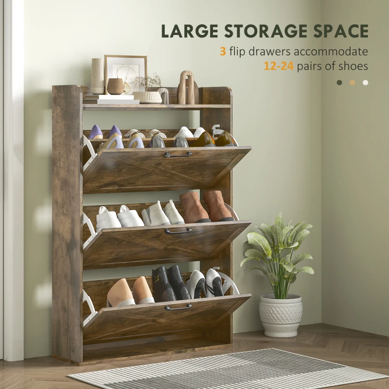 HOMCOM Narrow Shoe Storage Cabinet Farmhouse Shoe Cabinet with 3 Flip Drawers Adjustable Shelves for Entryway Rustic Brown