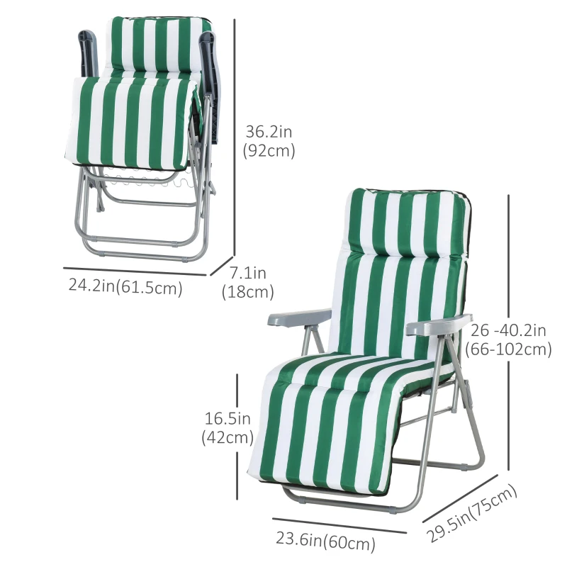 Outsunny Set of 2 Garden Sun Lounger, Outdoor Reclining Seat Cushioned Seat, Foldable Adjustable Recliner, White and Green