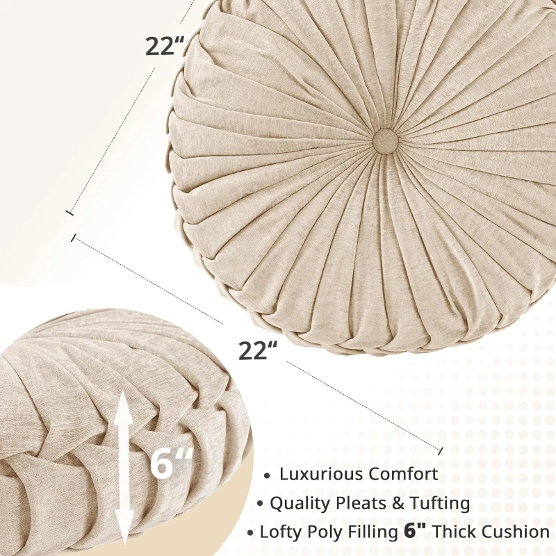 Poly Chenille Round Floor Pillow Cushion with Textured Fabric, Tufted Button Center, Pleated Detailing, 22" L x 22" W x 6" H, Ivory