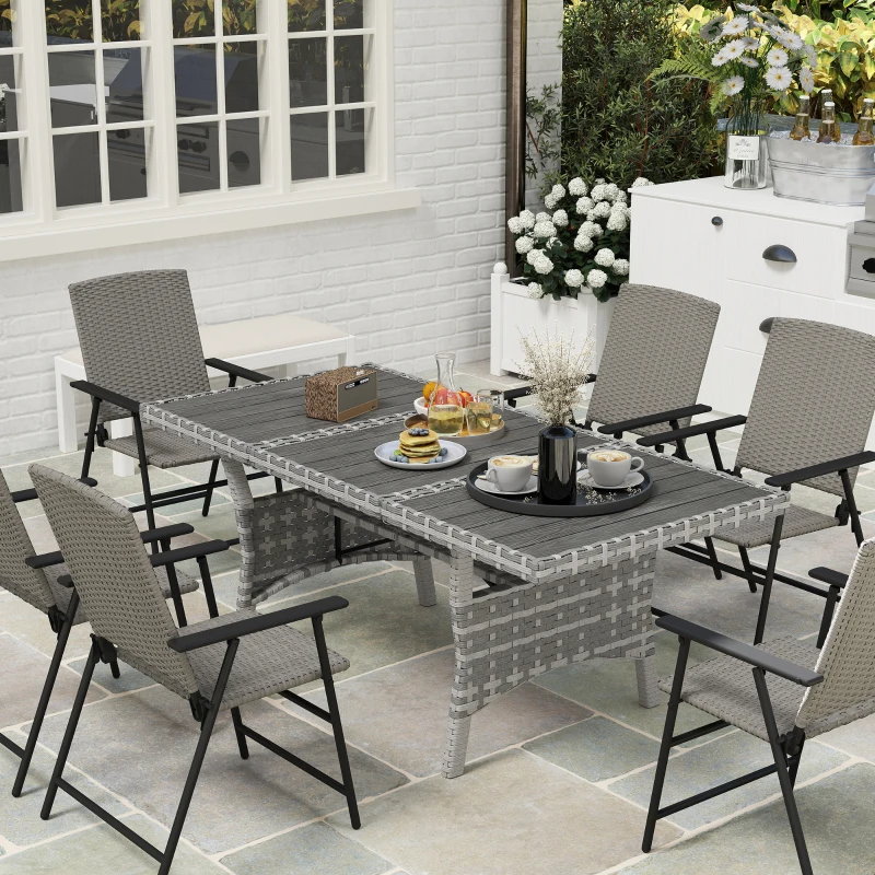 Outsunny 75" Outdoor Dining Table for 6-8, Wicker Patio Table with Storage Shelf and WPC Slatted Top for Balcony, Grey