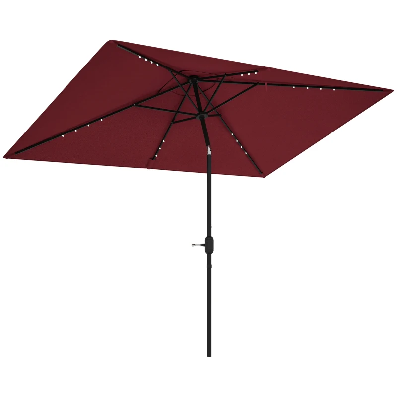 Outsunny 6' x 10' Patio Umbrella with 22 LED Solar Lights and Tilt, Rectangular Outdoor Table Umbrella with Crank, Wine Red