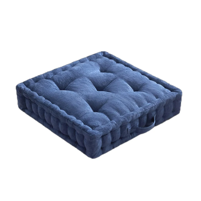 Textured Poly Chenille Square Floor Pillow Cushion with Tufted Detailing, Scalloped Edge, Hypoallergenic Polyester, 24" L x 24" W x 5" H, Navy Blue