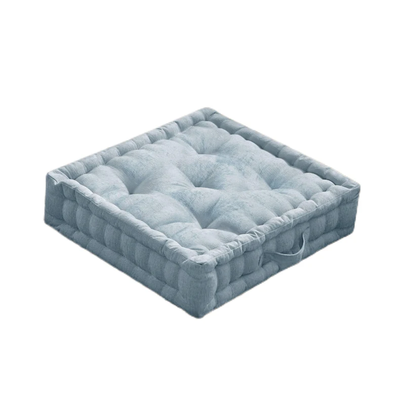 Hypoallergenic Poly Chenille Square Floor Pillow Cushion with Textured Fabric, Tufted Detailing, Scalloped Edge, 24" L x 24" W x 5" H, Aqua