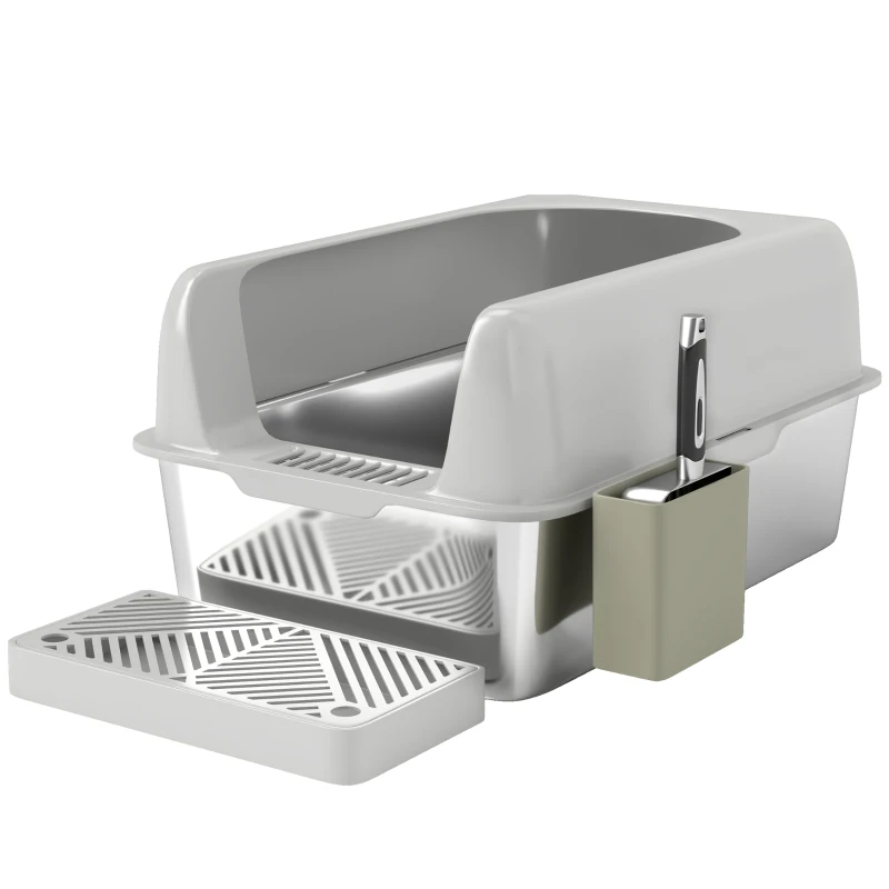 PawHut High Sided Stainless Steel Litter Box with Metal Scoop & Scoop Holder, for Easy Clean& Anti-Urine Leakage, Light Gray