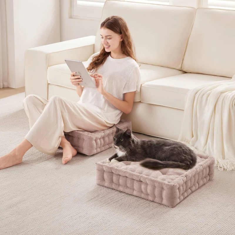 Textured Poly Chenille Square Floor Pillow Cushion with Hypoallergenic Polyester, Tufted Detailing, Scalloped Edge, 24" L x 24" W x 5" H, Blush