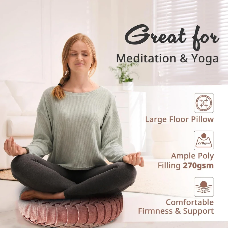 Poly Chenille Round Floor Pillow Cushion with Textured Fabric, Tufted Button Center, Pleated Detailing, 22" L x 22" W x 6" H, Blush