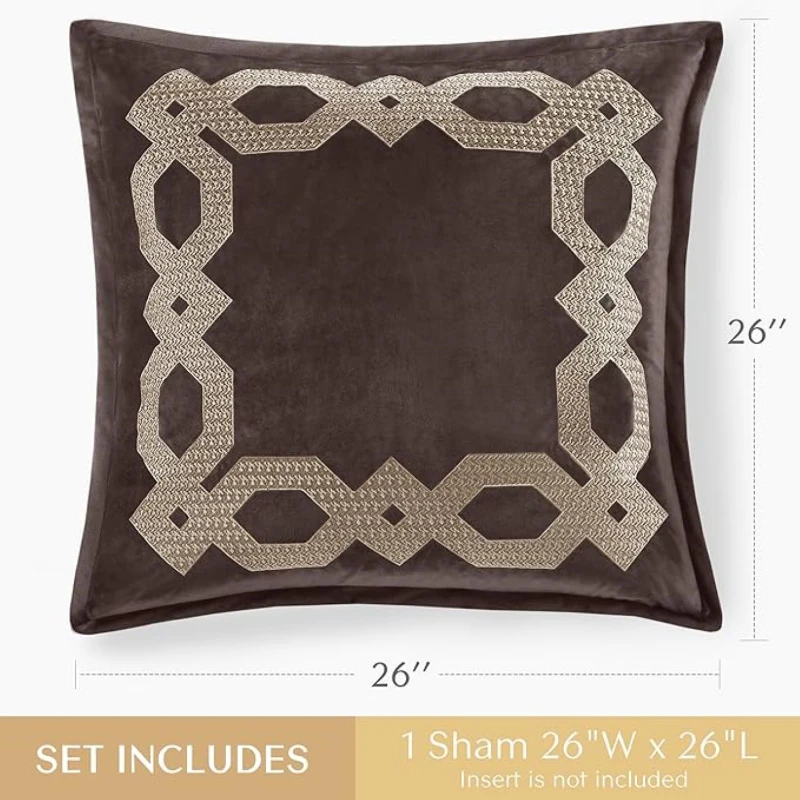 Geometric Velvet European Pillow Sham with Metallic Embroidery, Hidden Zipper, Machine Washable, 26" L x 26" W x 0.13" H, Brown