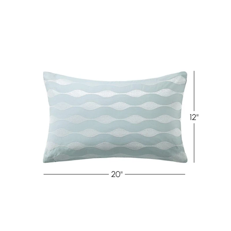 100% Cotton Oblong Decorative Pillow with Wavy Embroidery, Hypoallergenic Polyester Fill, Perfect for Bedroom Decor, 20" L x 12" W x 5" H, Blue