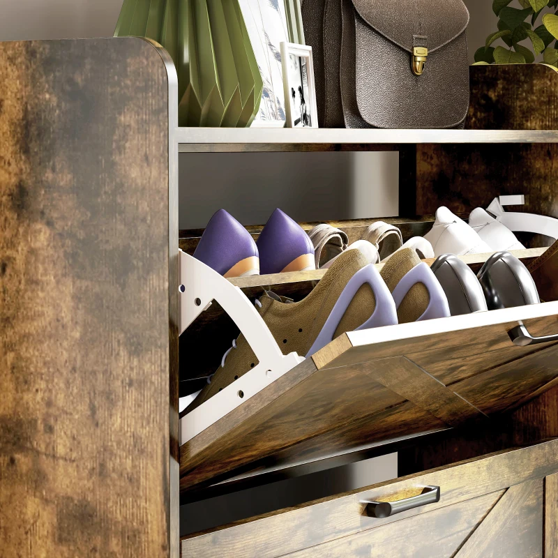 HOMCOM Narrow Shoe Storage Cabinet Farmhouse Shoe Cabinet with 3 Flip Drawers Adjustable Shelves for Entryway Rustic Brown