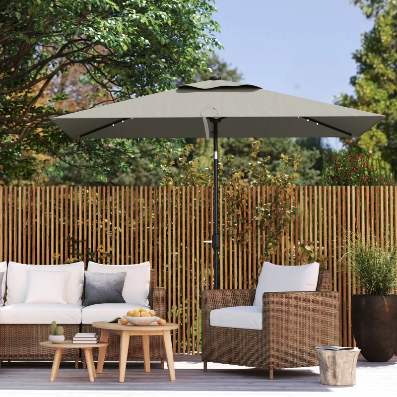 Outsunny Patio Umbrella with 22 LED Solar Lights and Tilt, Light Grey