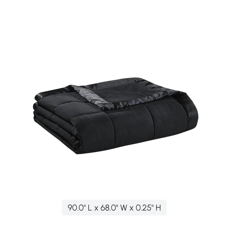 Twin Size Lightweight Down Alternative Blanket with Satin Trim, 3M Scotchgard Treatment, Machine Washable, 90" L x 68" W x 0.25" H, Black