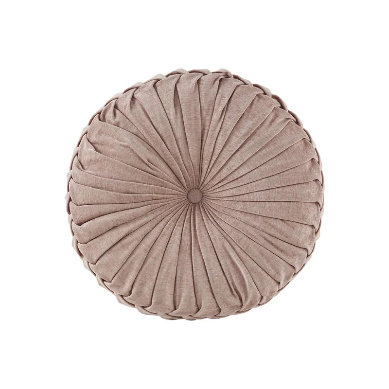 Poly Chenille Round Floor Pillow Cushion with Textured Fabric, Tufted Button Center, Pleated Detailing, 22" L x 22" W x 6" H, Blush