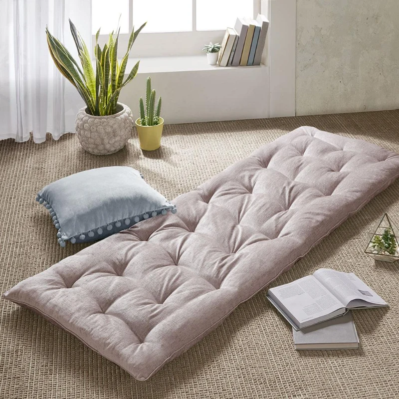 Poly Chenille Floor Pillow Cushion with Tufted Detailing, Travel Wrap, Lightweight Long Lounger for Reading, Relaxing, 74" L x 27" W x 3" H, Blush