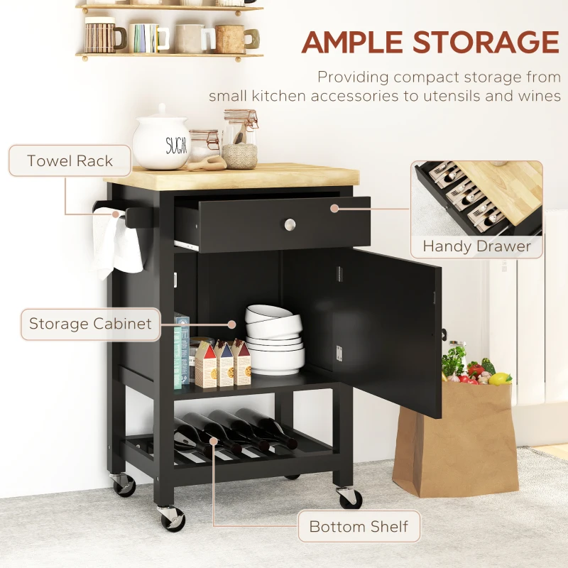 HOMCOM Kitchen Island on Wheels, Rolling Kitchen Cart with Wood Top, Towel Rack, Drawer and Shelf for Dining Area, Black