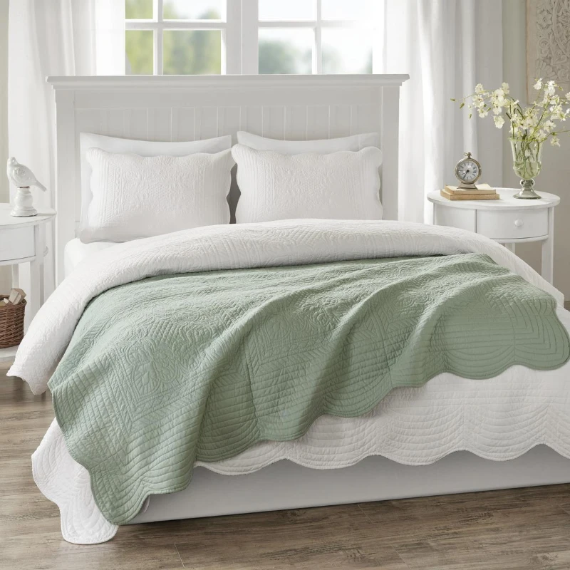 Oversized Quilted Throw with Microfiber, Cotton Filling, Scalloped Edges, Machine Washable Blanket for Any Couch, 72" L x 60" W x 0.25" H, Seafoam