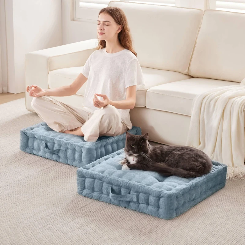 Hypoallergenic Poly Chenille Square Floor Pillow Cushion with Textured Fabric, Tufted Detailing, Scalloped Edge, 24" L x 24" W x 5" H, Aqua