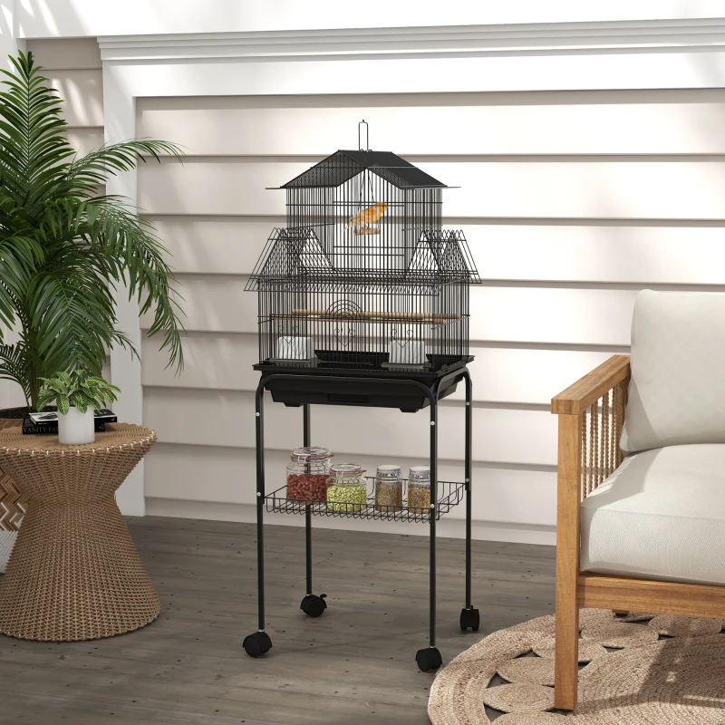PawHut 48" Bird Cage with Perch, Swing, Food Container, Slide-out Tray, Handle, Parrot Cage for Finches, Canaries, Budgies