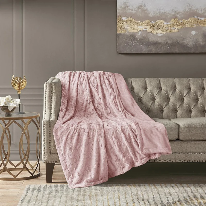 Oversized Faux Fur Throw with Solid Mink Reverse, Machine Washable, Luxuriously Soft Blanket for Bedroom, 70" L x 60" W x 0.25" H, Blush