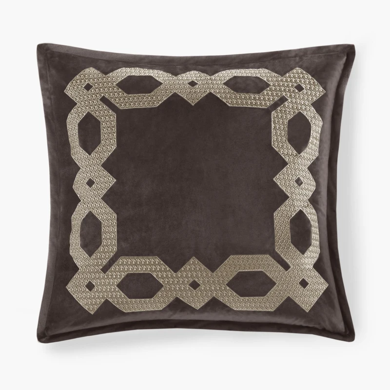 Geometric Velvet European Pillow Sham with Metallic Embroidery, Hidden Zipper, Machine Washable, 26" L x 26" W x 0.13" H, Brown