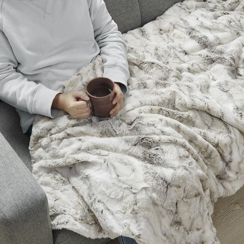 Machine Washable Oversized Faux Fur Throw Blanket with Marble Print, Luxuriously Soft Polyester, 70" L x 60" W x 0.25" H, Natural