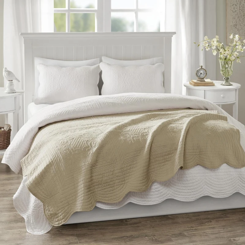 Oversized Quilted Throw with Scalloped Edges, Microfiber Face, Cotton Filled Blanket for Living Room, Bedroom, 72" L x 60" W x 0.25" H, Khaki