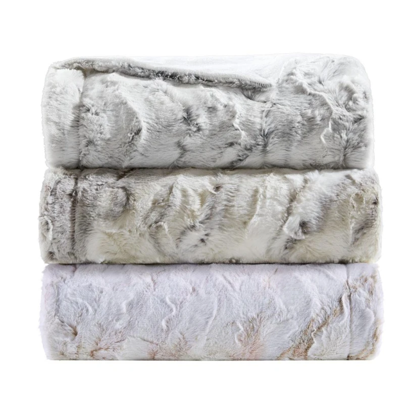 Machine Washable Oversized Faux Fur Throw with Marble Print, Luxuriously Soft Blanket with Faux Mink Reverse, 70" L x 60" W x 0.25" H, Gray