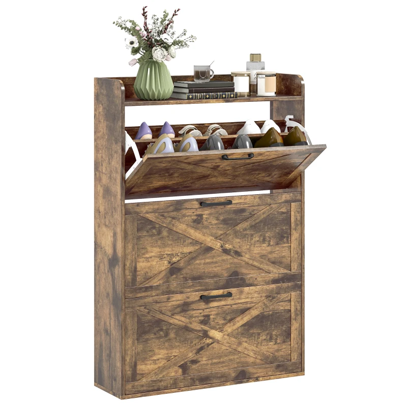 HOMCOM Narrow Shoe Storage Cabinet Farmhouse Shoe Cabinet with 3 Flip Drawers Adjustable Shelves for Entryway Rustic Brown