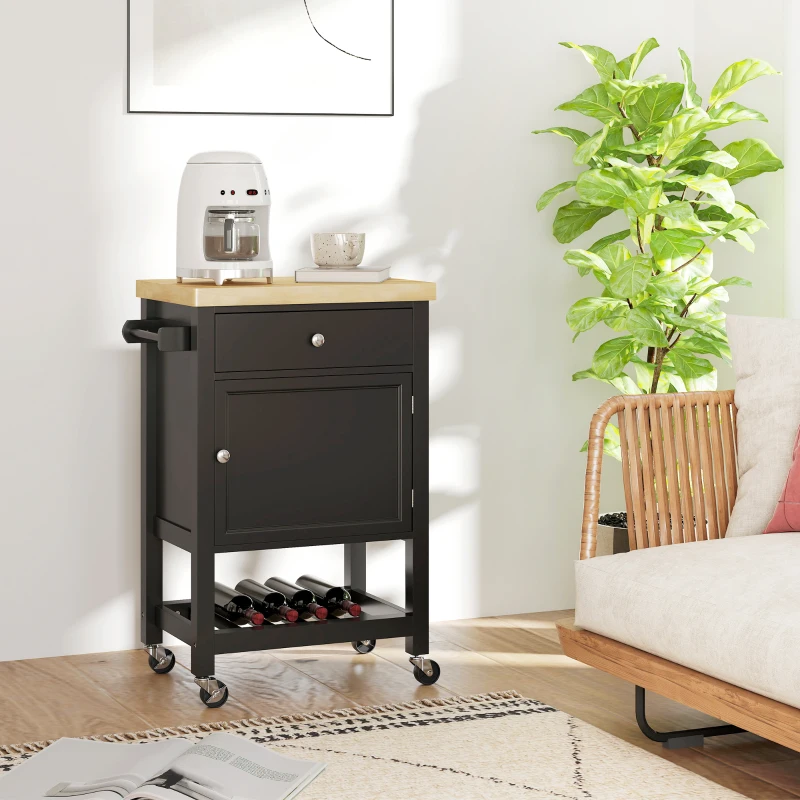 HOMCOM Kitchen Island on Wheels, Rolling Kitchen Cart with Wood Top, Towel Rack, Drawer and Shelf for Dining Area, Black