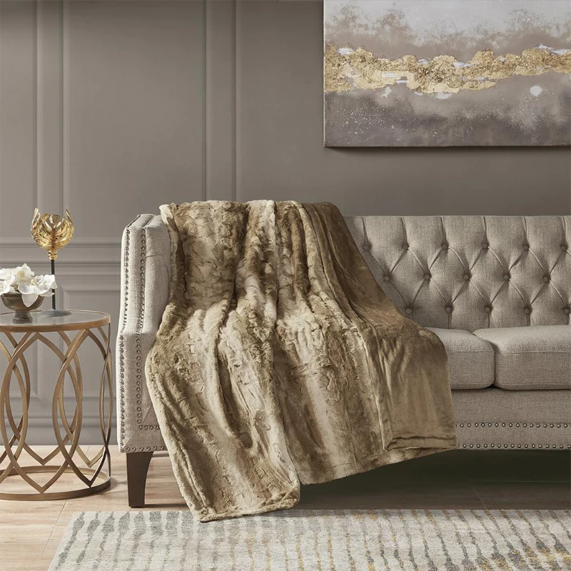 Oversized Faux Fur Throw with Faux Mink Reverse, OEKO-TEX Certified, Luxurious Machine Washable Blanket, 70" L x 60" W x 0.25" H, Tan