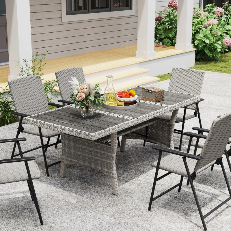 Outsunny 75" Outdoor Dining Table for 6-8, Wicker Patio Table with Storage Shelf and WPC Slatted Top for Balcony, Grey
