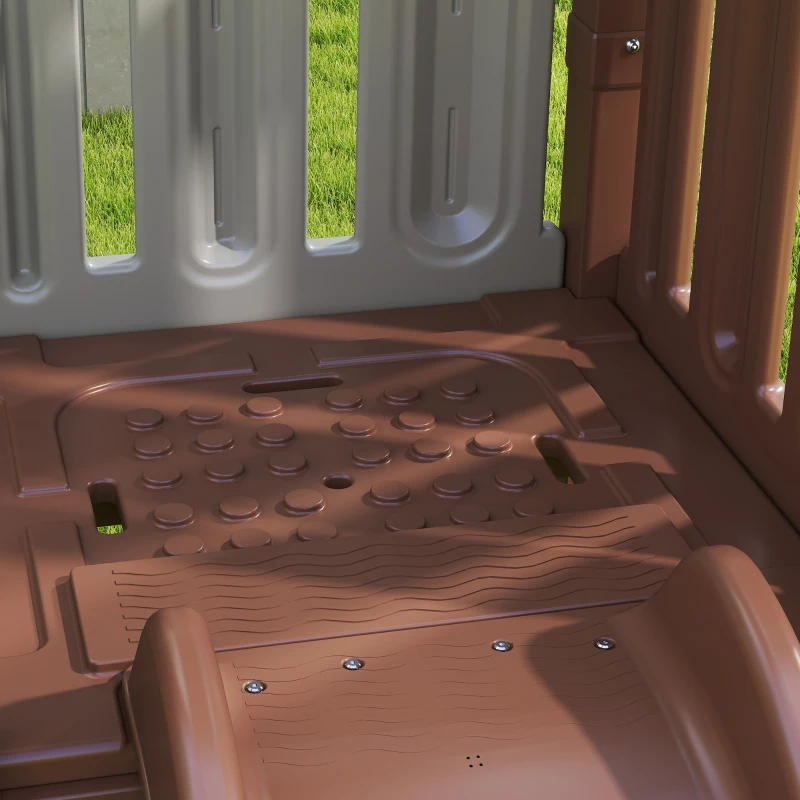 Qaba 4-in-1 Kids Swing Set for Playground with Slide, Covered Fort, Climbing Ladder, Ground Stakes, for Kids Ages 3-8, Brown