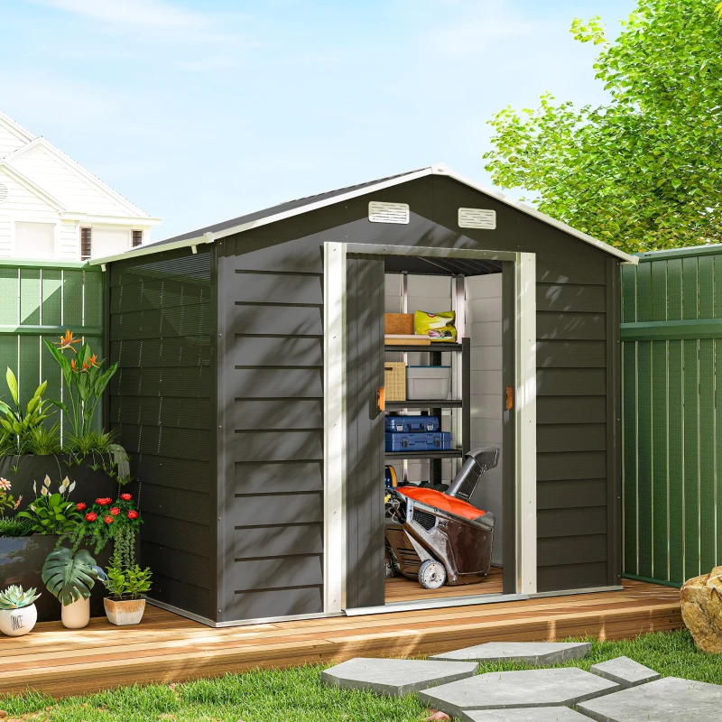 Outsunny 7.7' x 6.5' Outdoor Metal Garden Shed House Hut Gardening Tool Storage with Ventilation, Dark Grey