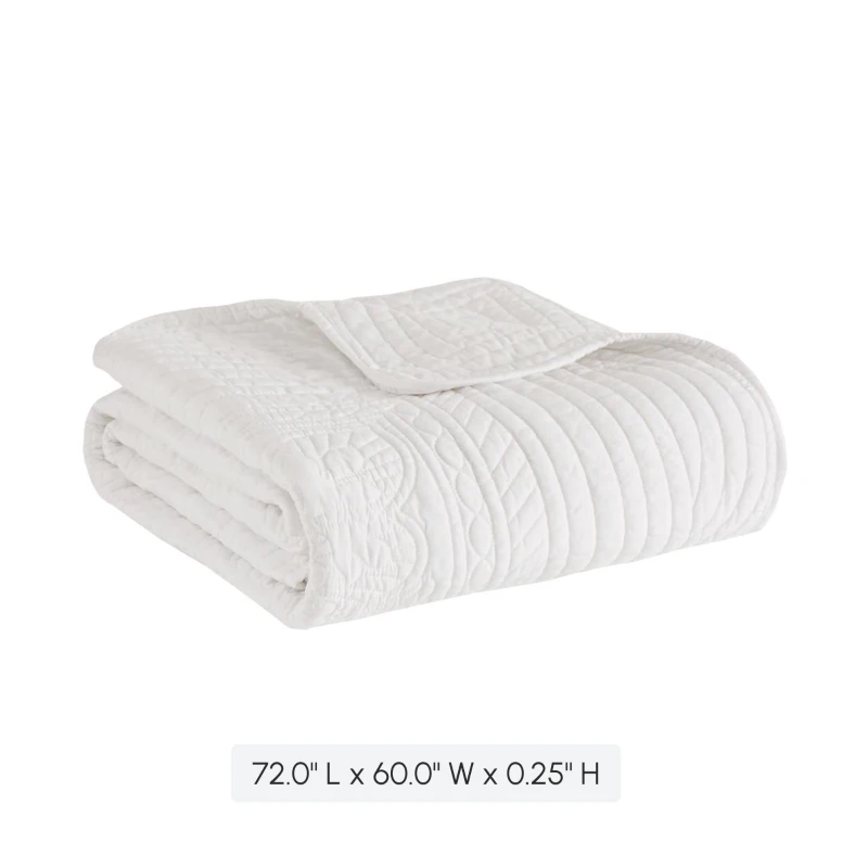 Oversized Quilted Throw with Scalloped Edges, Microfiber Face, Cotton Filled Blanket for Living Room, Bedroom, 72" L x 60" W x 0.25" H, White