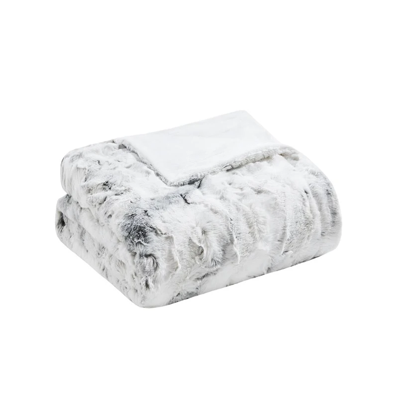 Machine Washable Oversized Faux Fur Throw with Marble Print, Luxuriously Soft Blanket with Faux Mink Reverse, 70" L x 60" W x 0.25" H, Gray