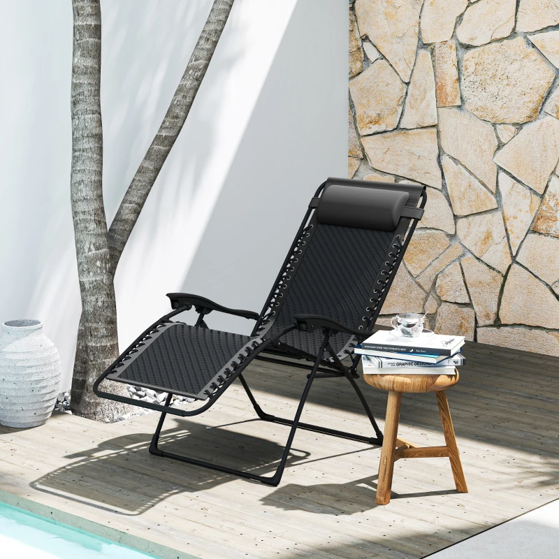 Outsunny Wicker Folding Lounge Chair with Adjustable Backrest, Rattan Recliner Chair with Headrest & Side Table Tray, Black
