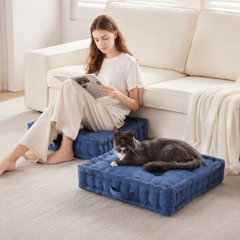 Textured Poly Chenille Square Floor Pillow Cushion with Tufted Detailing, Scalloped Edge, Hypoallergenic Polyester, 24" L x 24" W x 5" H, Navy Blue