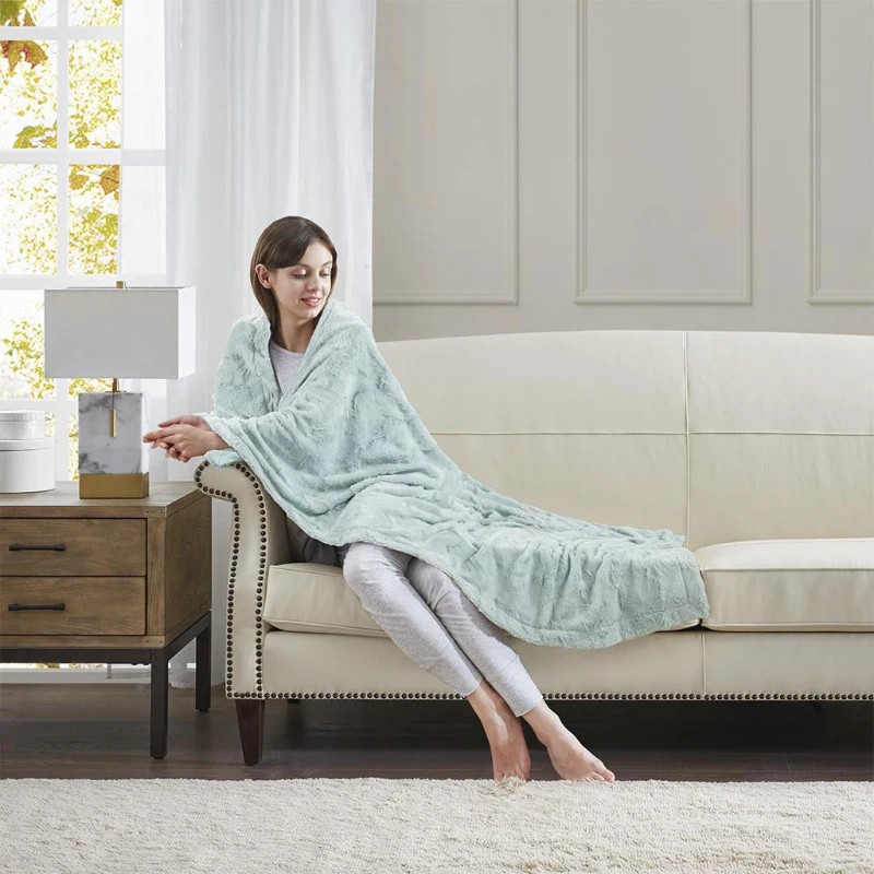 Oversized Faux Fur Throw with Solid Mink Reverse, Machine Washable, Luxurious Soft Blanket for Any Living Space, 70" L x 60" W x 0.25" H, Aqua