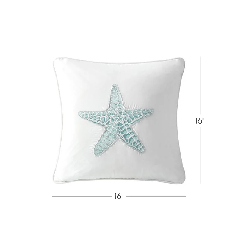 Decorative Square Pillow with 100% Cotton Cover, Starfish Embroidery, Hypoallergenic Polyester Fill, 16" L x 16" W x 5" H, White