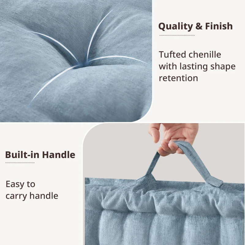 Hypoallergenic Poly Chenille Square Floor Pillow Cushion with Textured Fabric, Tufted Detailing, Scalloped Edge, 24" L x 24" W x 5" H, Aqua