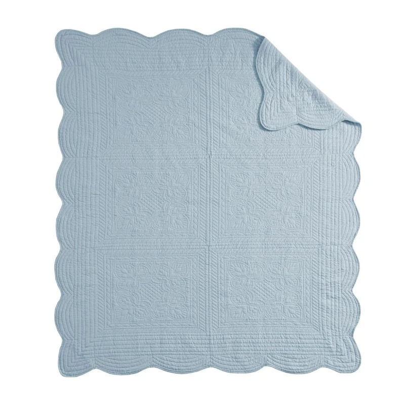 Antimicrobial Oversized Quilted Throw with Scalloped Edges, Microfiber and Cotton Blend, Machine Washable, 72" L x 60" W x 0.25" H, Blue