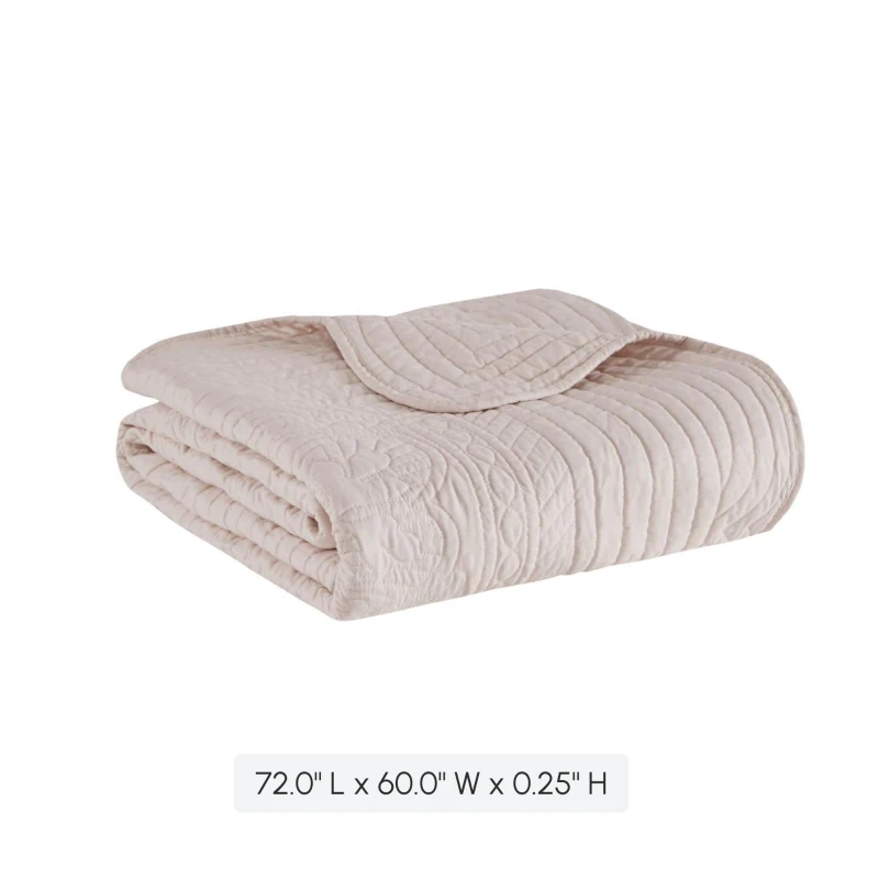 Oversized Quilted Throw with Scalloped Edges, Microfiber Face, Cotton Filled Blanket for Living Room, Bedroom, 72" L x 60" W x 0.25" H, Blush