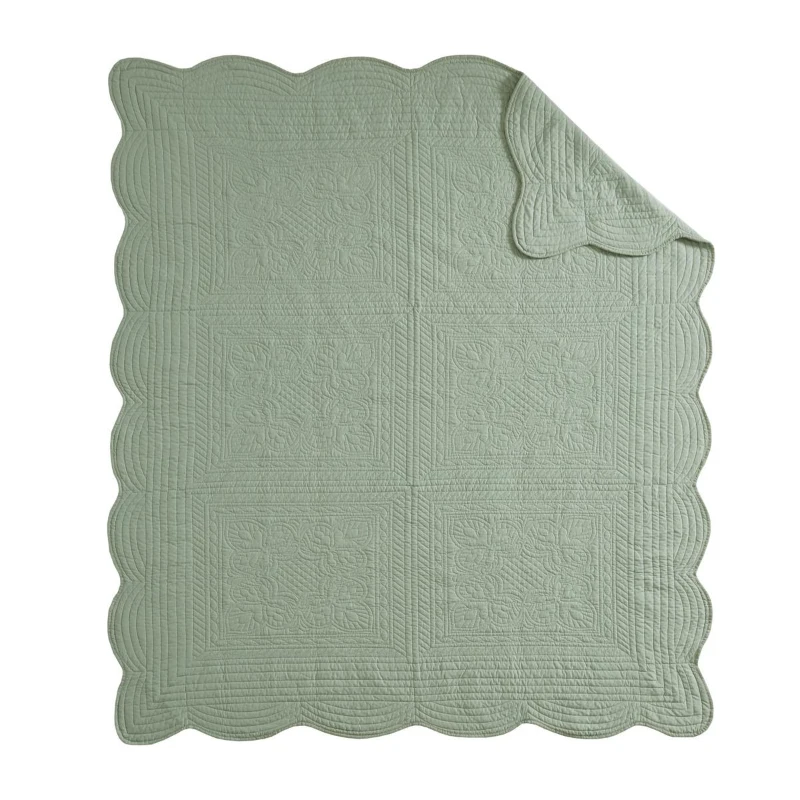 Oversized Quilted Throw with Microfiber, Cotton Filling, Scalloped Edges, Machine Washable Blanket for Any Couch, 72" L x 60" W x 0.25" H, Seafoam