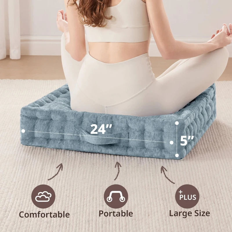 Hypoallergenic Poly Chenille Square Floor Pillow Cushion with Textured Fabric, Tufted Detailing, Scalloped Edge, 24" L x 24" W x 5" H, Aqua