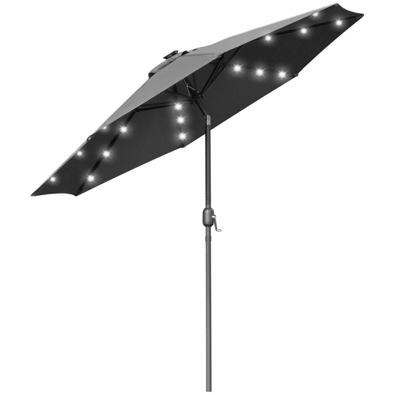 Outsunny 9ft Solar Patio Umbrella Outdoor Sunshade 24 LED Lights Tilt Canopy, Charcoal Grey