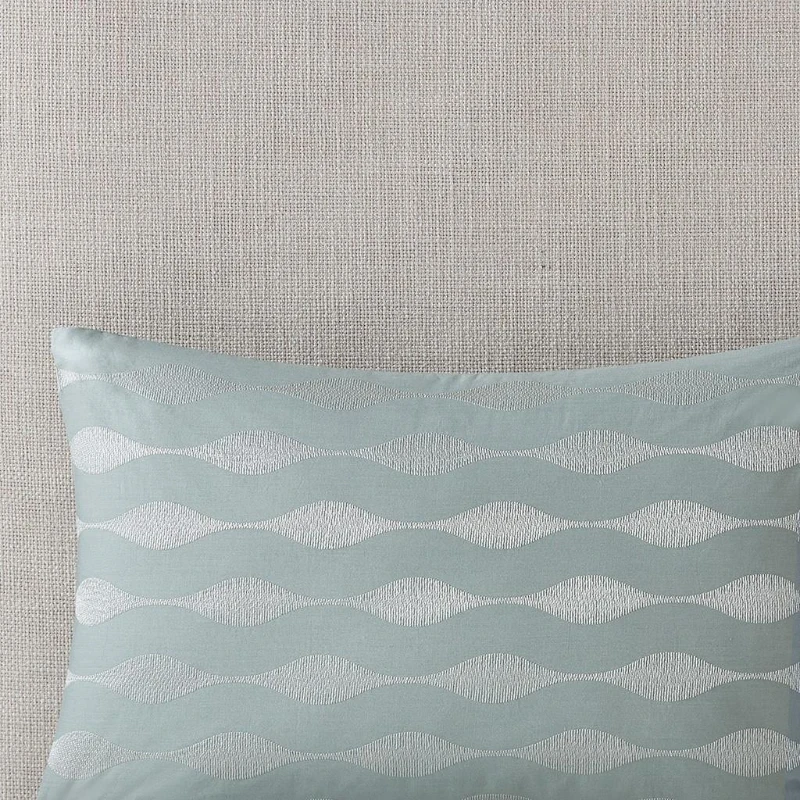 100% Cotton Oblong Decorative Pillow with Wavy Embroidery, Hypoallergenic Polyester Fill, Perfect for Bedroom Decor, 20" L x 12" W x 5" H, Blue